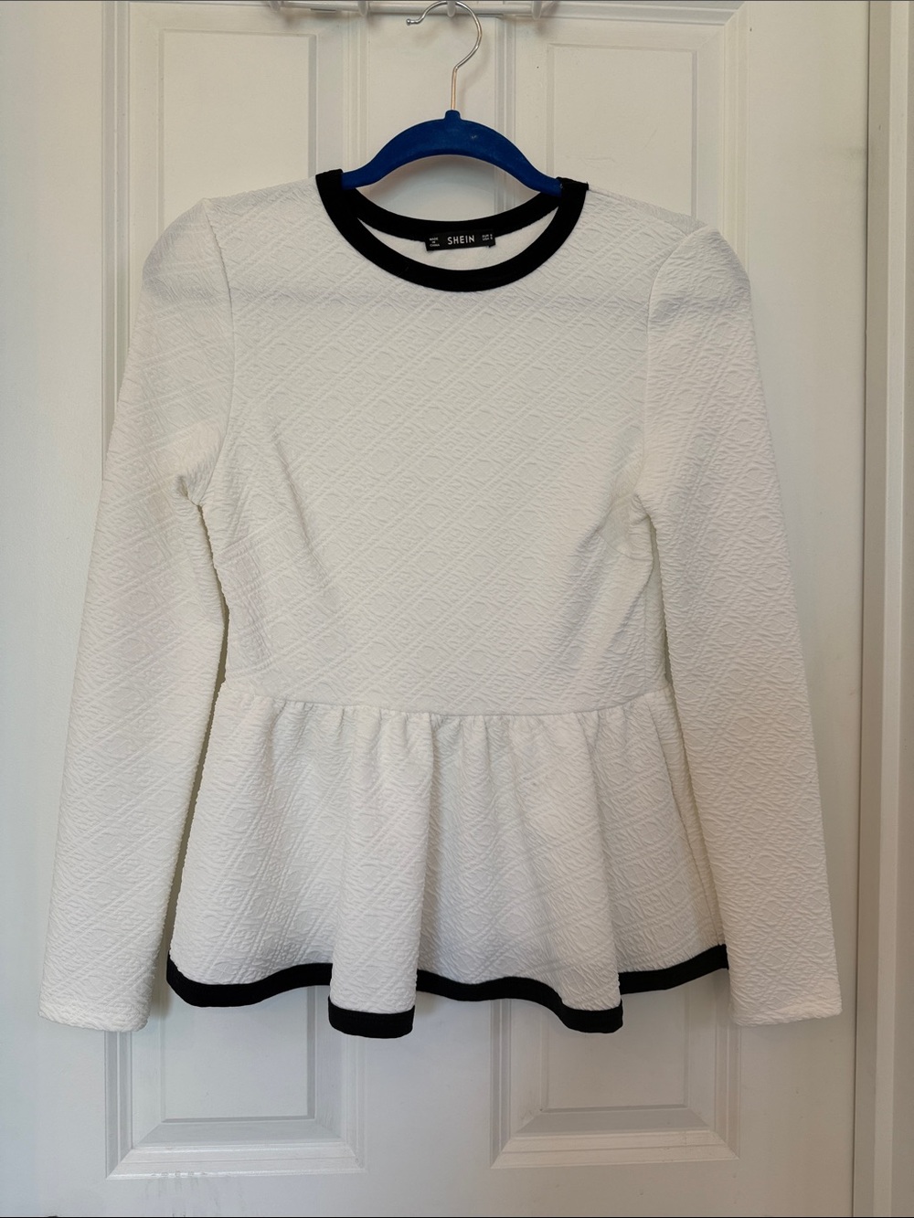 3/$20 SHEIN White Textured Peplum Top with Black Trim